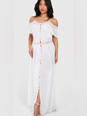 Boohoo White Off-Shoulder Maxi Dress with Lace Trim